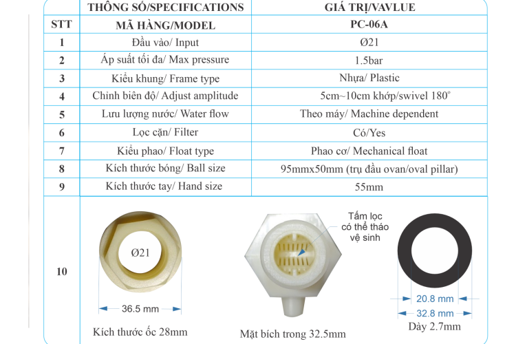 Phao cơ nhựa cấp nước tự động mini phi 21 - Phao tròn - PC-06