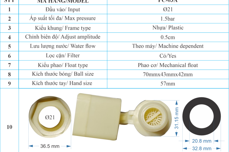 Phao cơ nhựa cấp nước tự động mini phi 21 - Phao vuông - PC-03